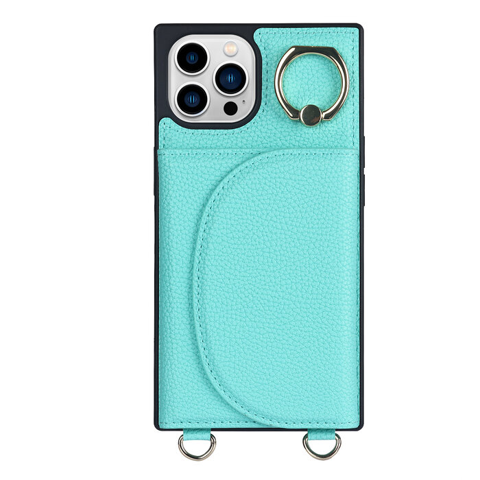 JVS Products iPhone 14 Plus hoesje - Backcover - Pasjeshouder - Portemonnee - Ringhouder - Koord - Kunstleer - Turquoise