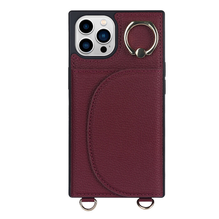 JVS Products iPhone 14 Pro hoesje - Backcover - Pasjeshouder - Portemonnee - Ringhouder - Koord - Kunstleer - Bordeaux Rood