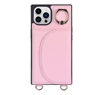 JVS Products iPhone 14 Pro hoesje - Backcover - Pasjeshouder - Portemonnee - Ringhouder - Koord - Kunstleer - Roze