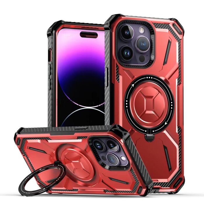JVS Products iPhone 14 hoesje - Backcover - Geschikt voor MagSafe - Rugged Armor - Extra valbescherming - Ringhouder - TPU - Rood