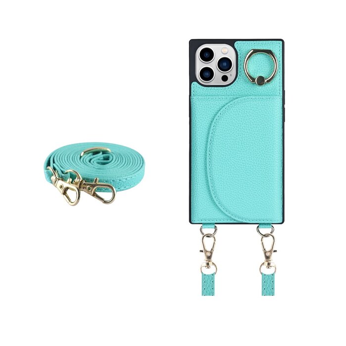 JVS Products iPhone 14 Plus hoesje - Backcover - Pasjeshouder - Portemonnee - Ringhouder - Koord - Kunstleer - Turquoise