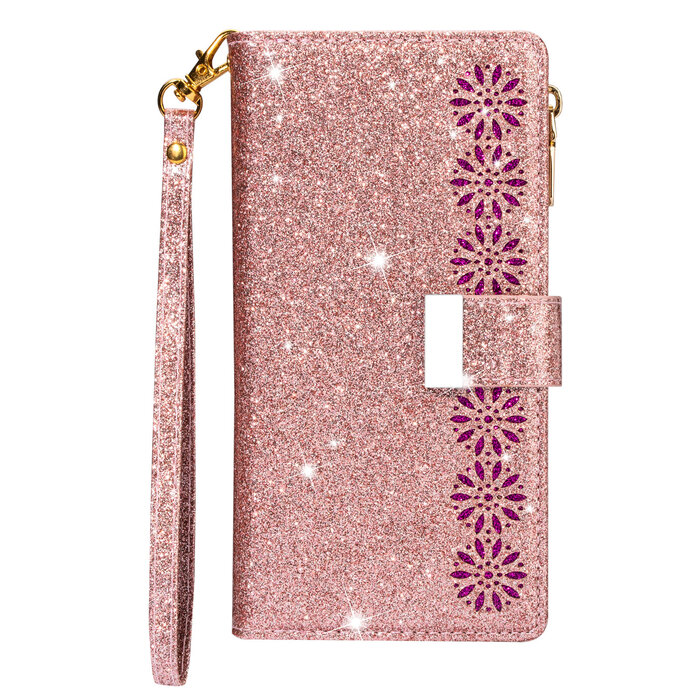 JVS Products iPhone 13 Pro hoesje - Bookcase - Koord - Pasjeshouder - Portemonnee - Glitter - Bloemenpatroon - Kunstleer - Rose Goud