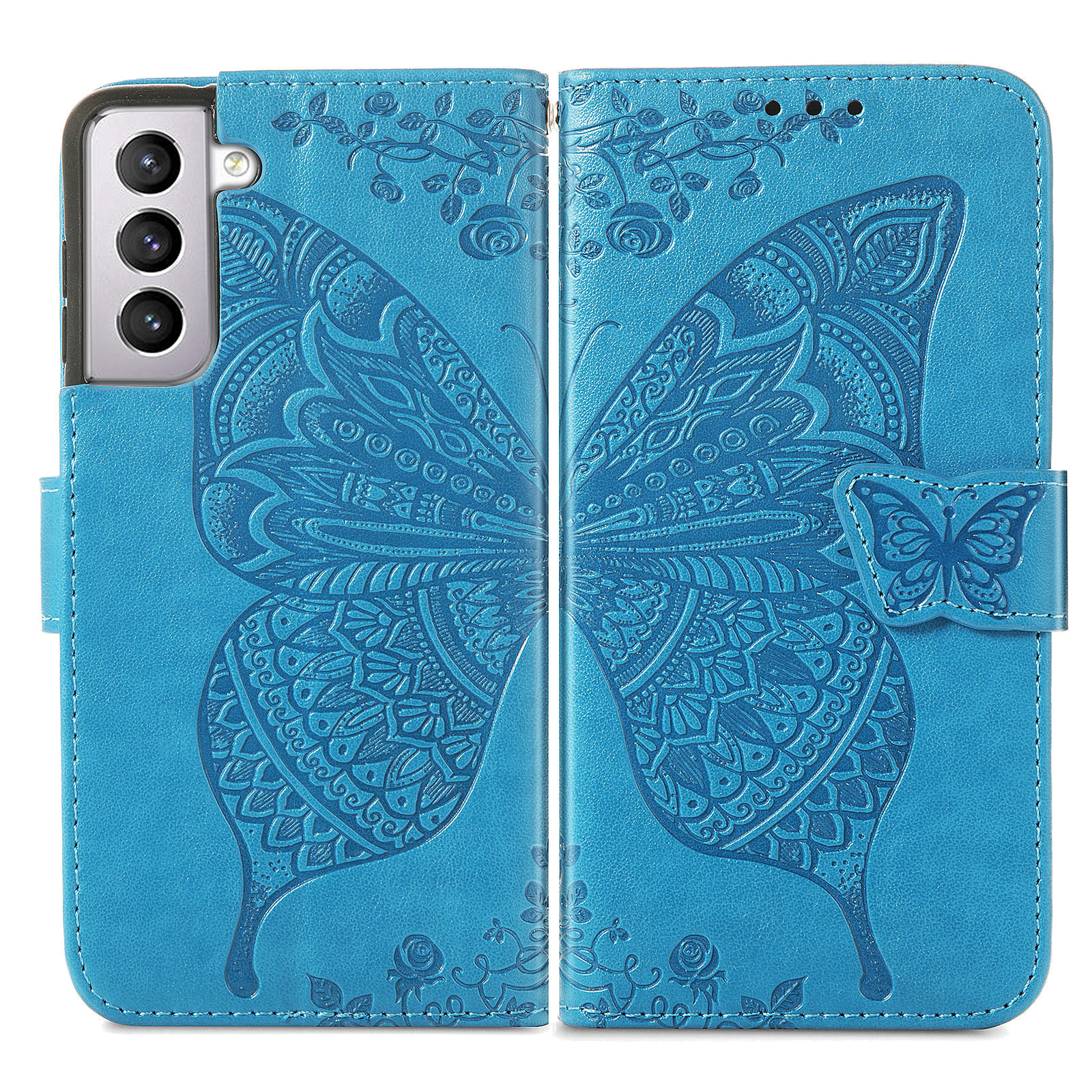 JVS Products Google Pixel 6 Pro hoesje - Bookcase - Pasjeshouder - Portemonnee - Vlinderpatroon - Kunstleer - Blauw