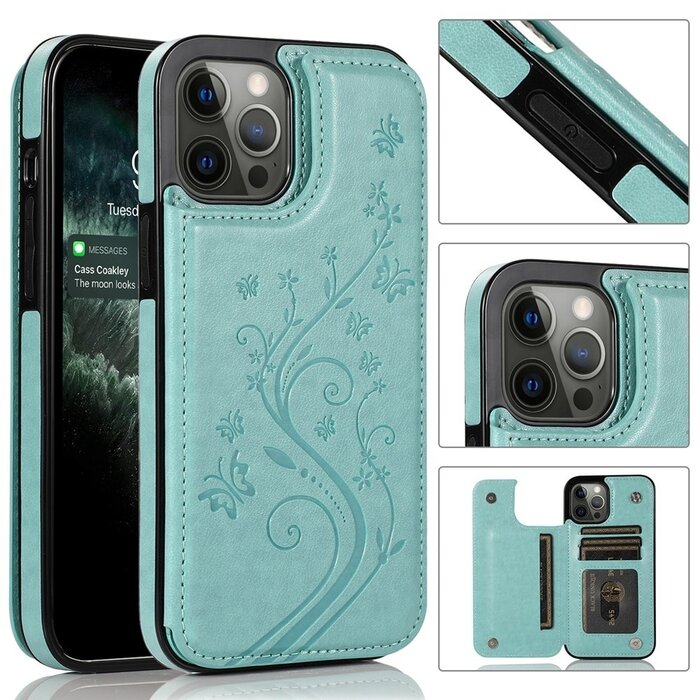 JVS Products iPhone 14 Plus hoesje - Backcover - Pasjeshouder - Portemonnee - Bloemenprint - Kunstleer - Turquoise