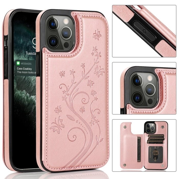 JVS Products iPhone X hoesje - Backcover - Pasjeshouder - Portemonnee - Bloemenprint - Kunstleer - Rose Goud