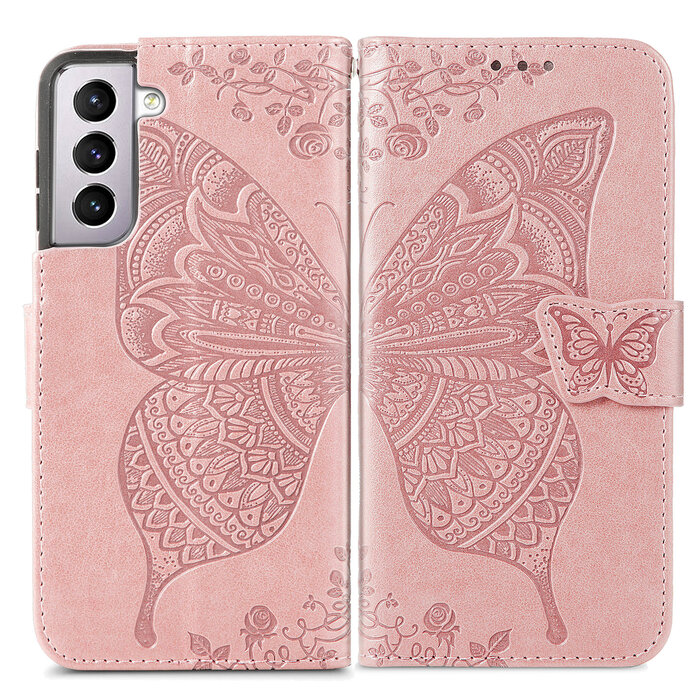 JVS Products Samsung Galaxy S21 hoesje - Bookcase - Pasjeshouder - Portemonnee - Vlinderpatroon - Kunstleer - Rose Goud
