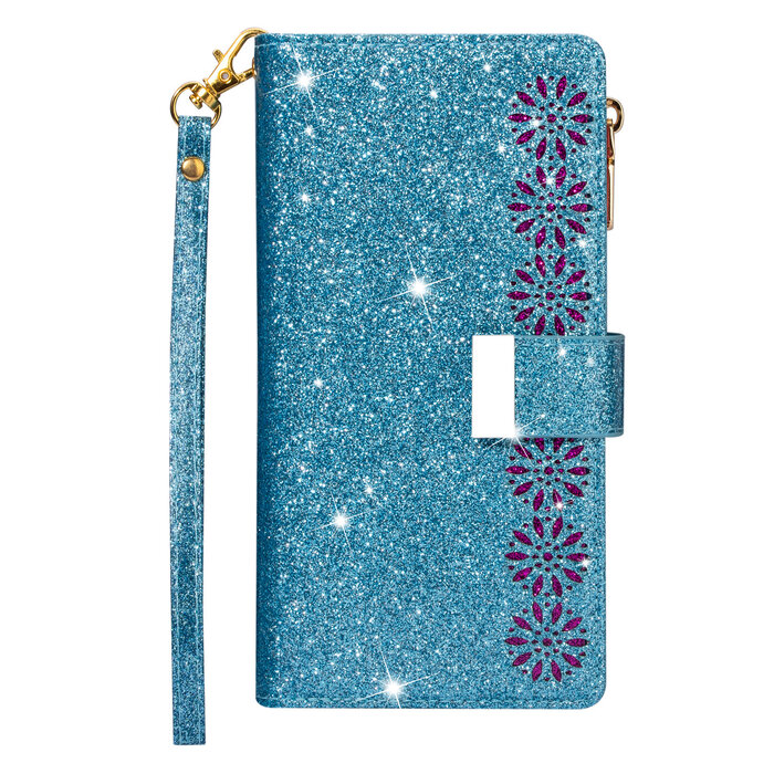 JVS Products Xiaomi 11T Pro hoesje - Bookcase - Koord - Pasjeshouder - Portemonnee - Glitter - Bloemenpatroon - Kunstleer - Blauw