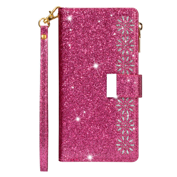 JVS Products Samsung Galaxy A34 5G hoesje - Bookcase - Koord - Pasjeshouder - Portemonnee - Glitter - Bloemenpatroon - Kunstleer - Roze