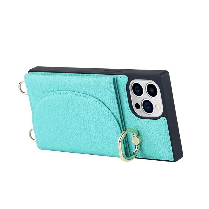 JVS Products iPhone 14 Pro hoesje - Backcover - Pasjeshouder - Portemonnee - Ringhouder - Koord - Kunstleer - Turquoise