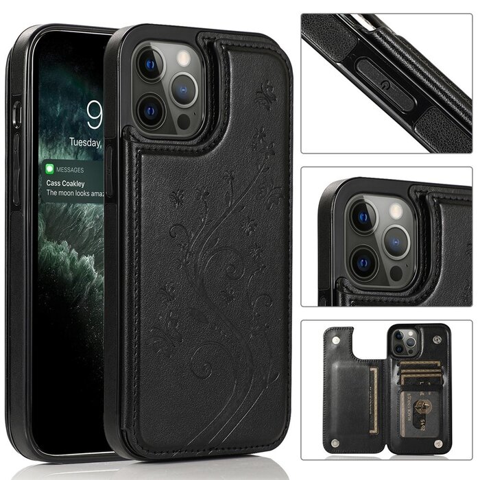 JVS Products iPhone 14 Pro Max hoesje - Backcover - Pasjeshouder - Portemonnee - Bloemenprint - Kunstleer - Zwart