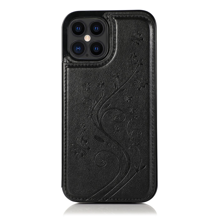 JVS Products iPhone 14 Pro Max hoesje - Backcover - Pasjeshouder - Portemonnee - Bloemenprint - Kunstleer - Zwart