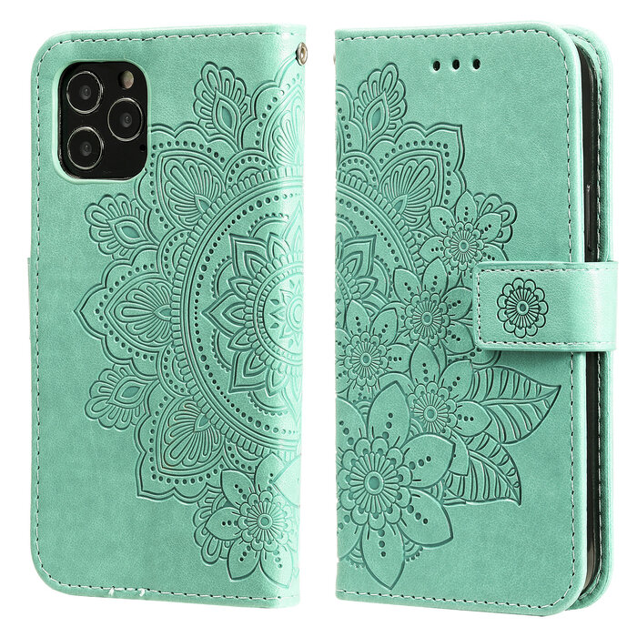 JVS Products iPhone 7 hoesje - Bookcase - Pasjeshouder - Portemonnee - Bloemenprint - Kunstleer - Turquoise