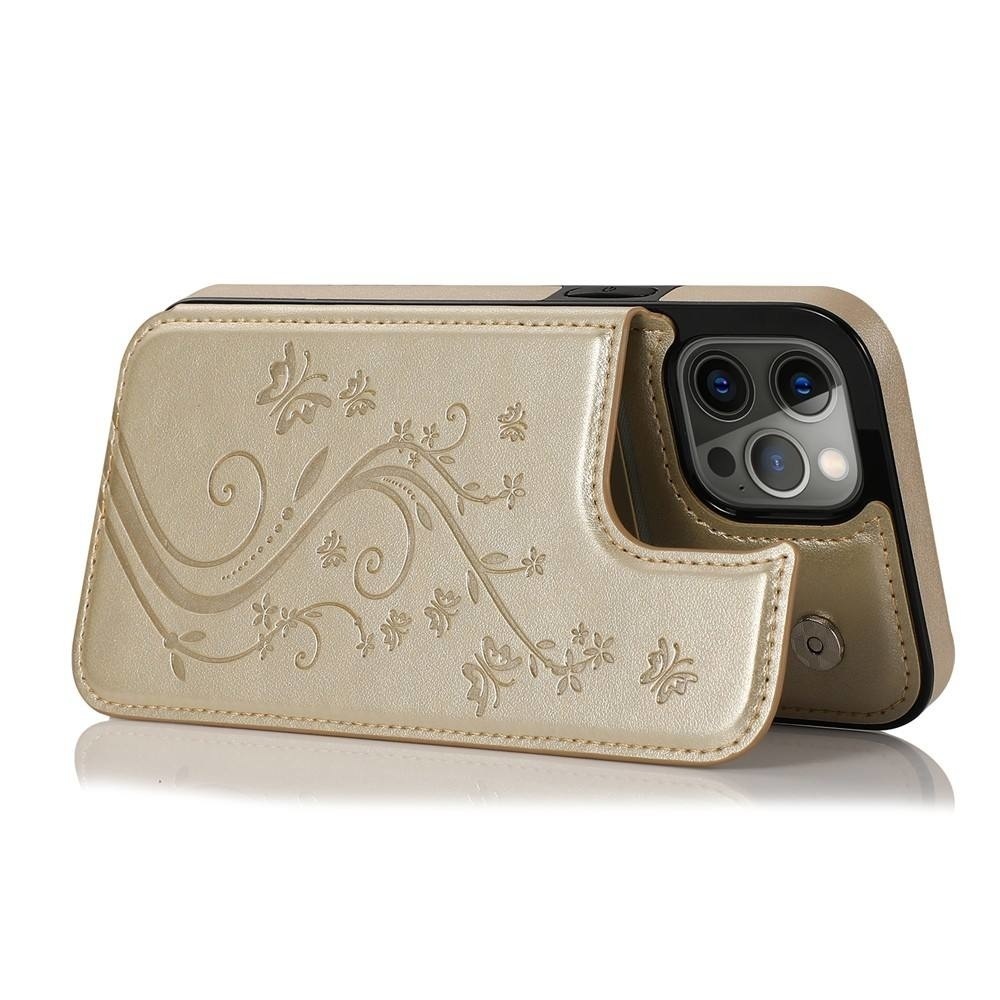 JVS Products iPhone 12 Pro hoesje - Backcover - Pasjeshouder - Portemonnee - Bloemenprint - Kunstleer - Goud