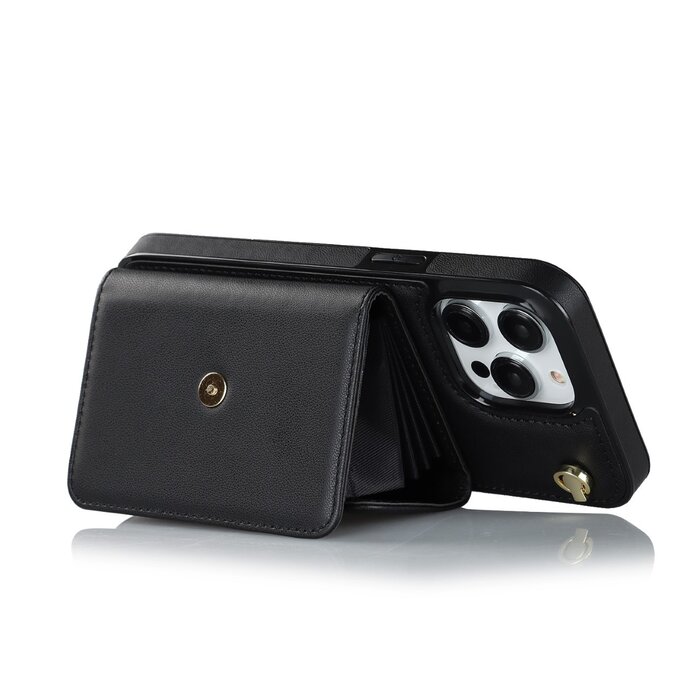 JVS Products iPhone 12 Pro hoesje - Backcover - Koord - Pasjeshouder - Portemonnee - Kunstleer - Zwart