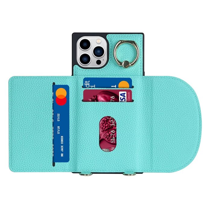 JVS Products iPhone 12 Pro Max hoesje - Backcover - Pasjeshouder - Portemonnee - Ringhouder - Koord - Kunstleer - Turquoise