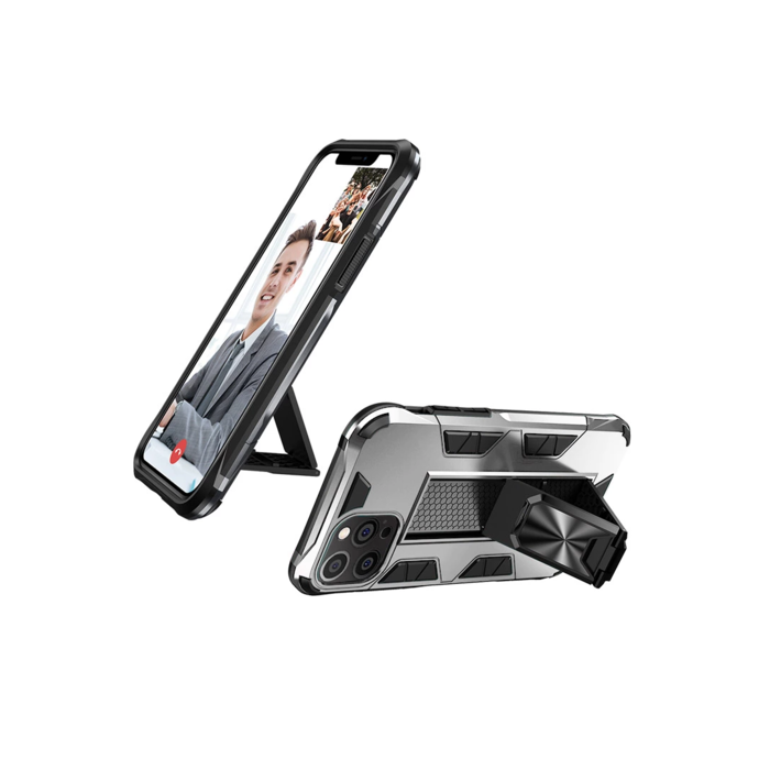 JVS Products iPhone 11 Pro Max hoesje - Backcover - Rugged Armor - Kickstand - Extra valbescherming - Shockproof - TPU - Zilver