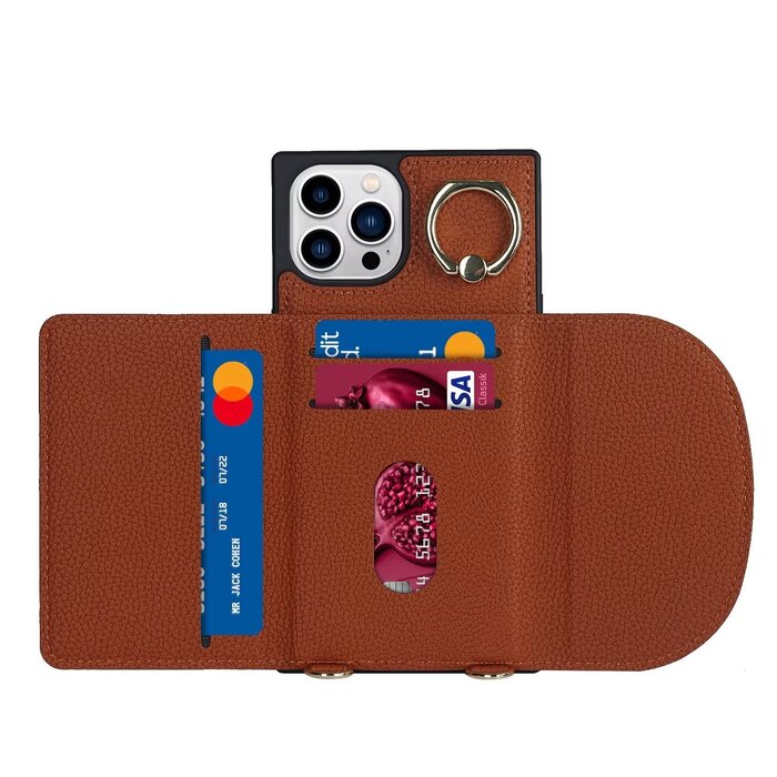 JVS Products iPhone 13 Pro hoesje - Backcover - Pasjeshouder - Portemonnee - Ringhouder - Koord - Kunstleer - Bruin