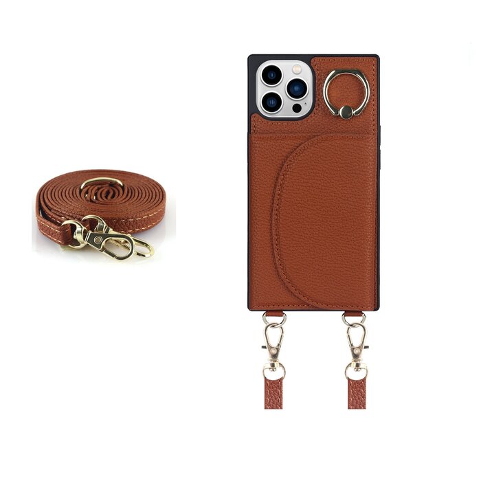 JVS Products iPhone 13 Pro hoesje - Backcover - Pasjeshouder - Portemonnee - Ringhouder - Koord - Kunstleer - Bruin