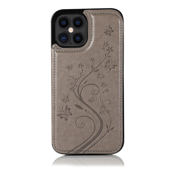 JVS Products iPhone 14 Pro hoesje - Backcover - Pasjeshouder - Portemonnee - Bloemenprint - Kunstleer - Grijs