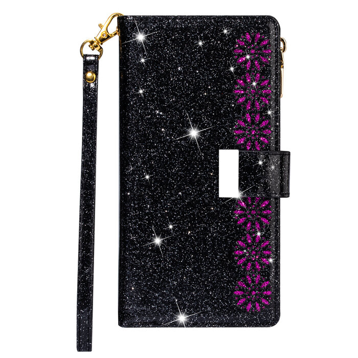 JVS Products iPhone 14 Plus hoesje - Bookcase - Koord - Pasjeshouder - Portemonnee - Glitter - Bloemenpatroon - Kunstleer - Zwart