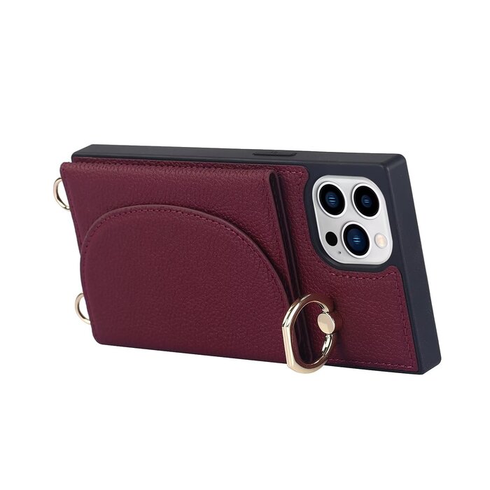 JVS Products iPhone 14 Pro Max hoesje - Backcover - Pasjeshouder - Portemonnee - Ringhouder - Koord - Kunstleer - Bordeaux Rood