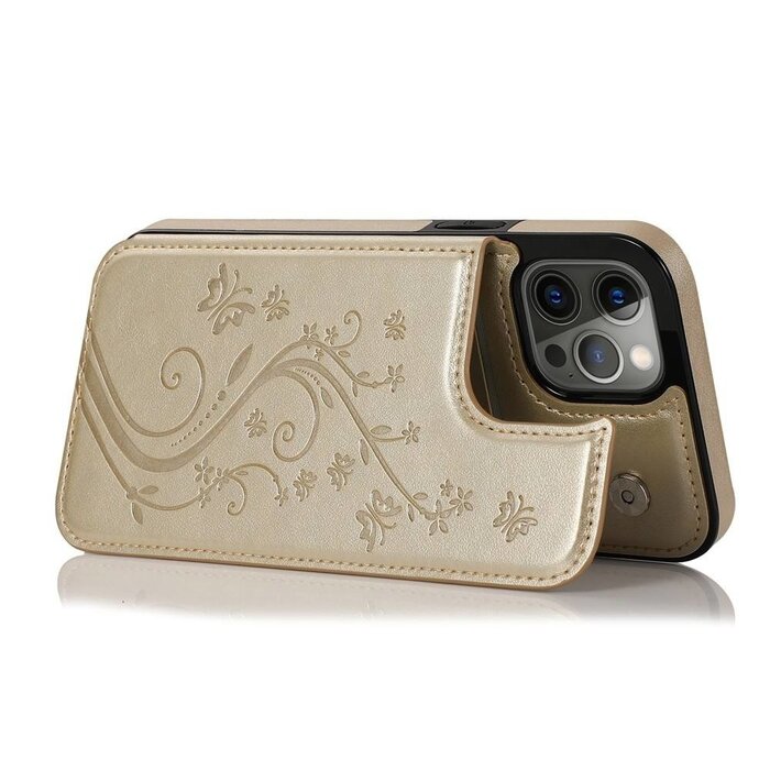 JVS Products Samsung Galaxy S21 hoesje - Backcover - Pasjeshouder - Portemonnee - Bloemenprint - Kunstleer - Goud