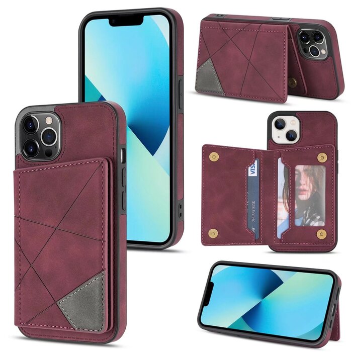 JVS Products iPhone 12 hoesje - Backcover - Pasjeshouder - Portemonnee - Camerabescherming - Stijlvol patroon - TPU - Bordeaux Rood