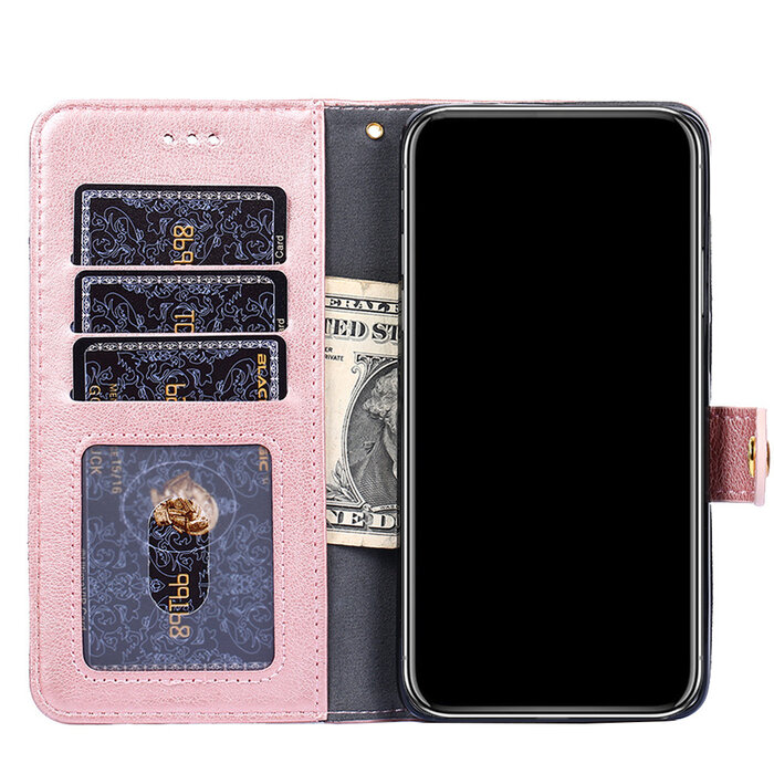 JVS Products iPhone XR hoesje - Bookcase - Koord - Pasjeshouder - Portemonnee - Rits - Kunstleer - Rose Goud