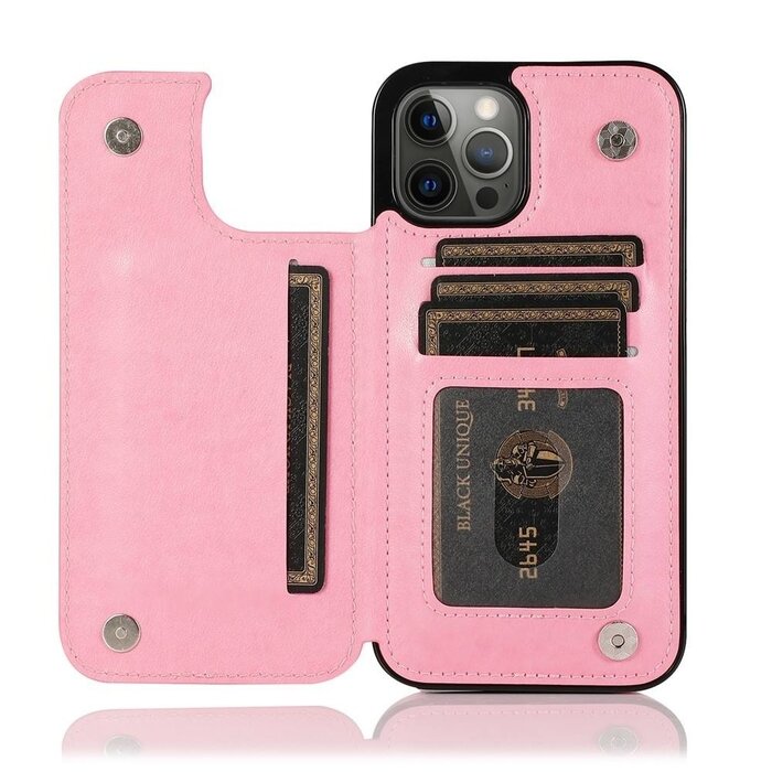 JVS Products iPhone 12 Pro Max hoesje - Backcover - Pasjeshouder - Portemonnee - Bloemenprint - Kunstleer - Roze