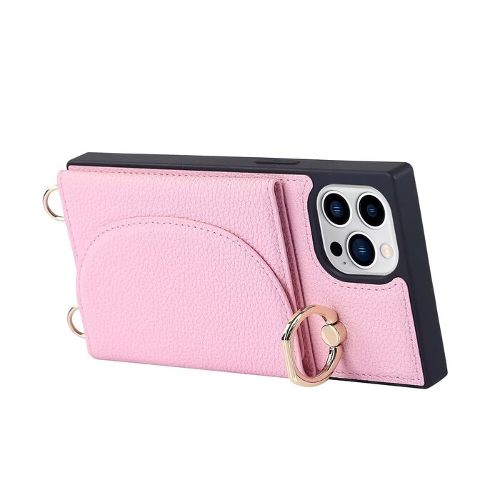 JVS Products iPhone 14 hoesje - Backcover - Pasjeshouder - Portemonnee - Ringhouder - Koord - Kunstleer - Roze