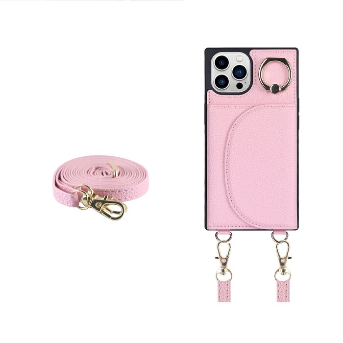 JVS Products iPhone 14 hoesje - Backcover - Pasjeshouder - Portemonnee - Ringhouder - Koord - Kunstleer - Roze