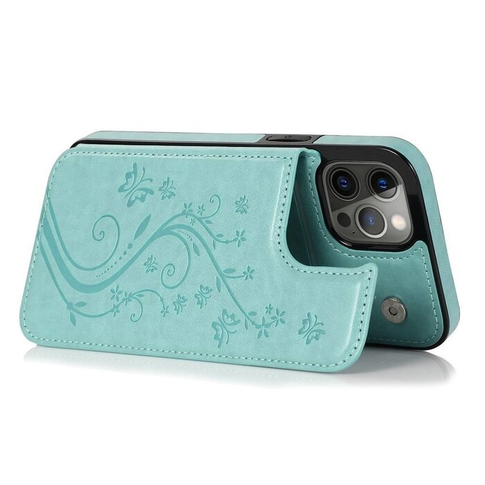 JVS Products Samsung Galaxy S20 Plus hoesje - Backcover - Pasjeshouder - Portemonnee - Bloemenprint - Kunstleer - Turquoise