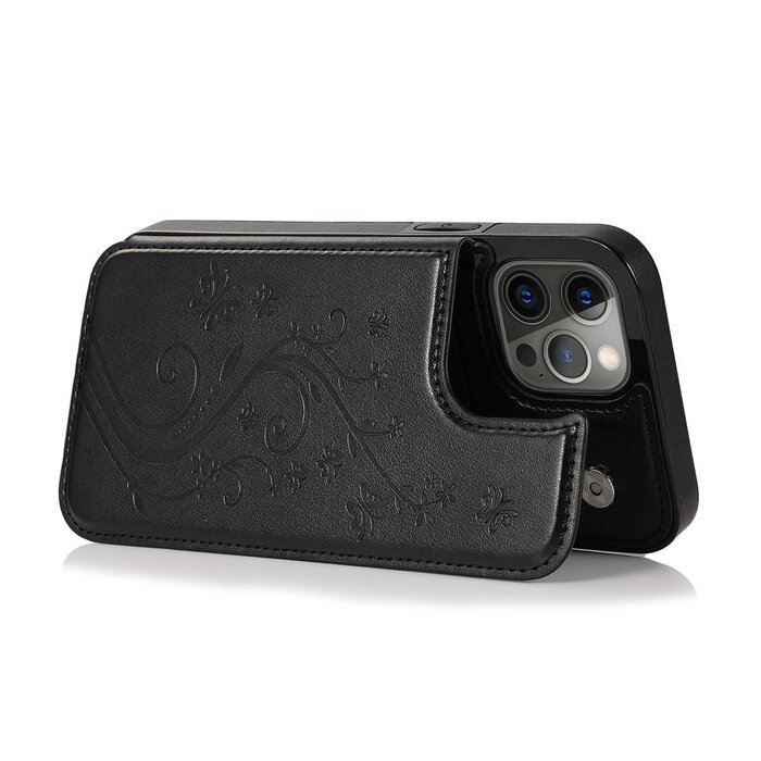 JVS Products iPhone 13 hoesje - Backcover - Pasjeshouder - Portemonnee - Bloemenprint - Kunstleer - Zwart