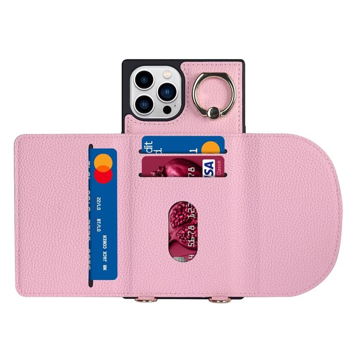 JVS Products iPhone 13 Pro hoesje - Backcover - Pasjeshouder - Portemonnee - Ringhouder - Koord - Kunstleer - Roze