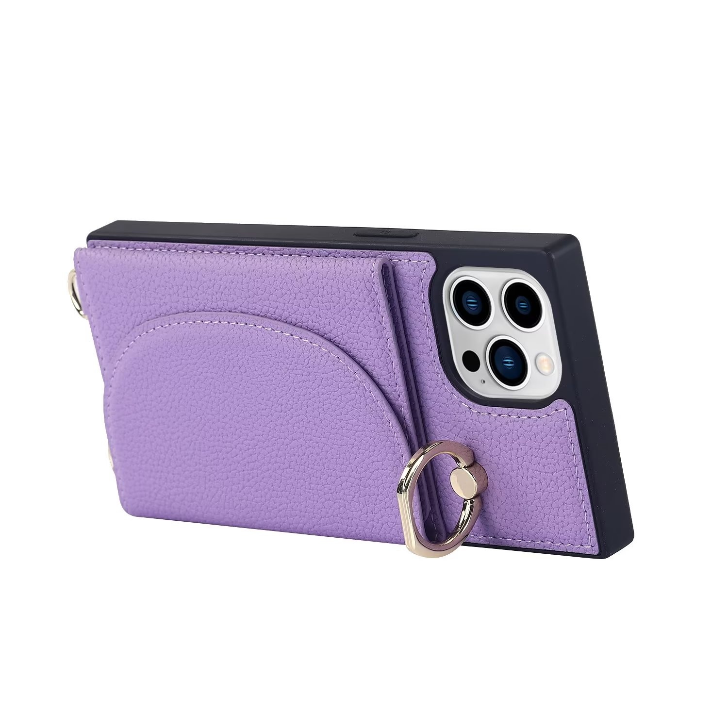 JVS Products iPhone 12 hoesje - Backcover - Pasjeshouder - Portemonnee - Ringhouder - Koord - Kunstleer - Paars