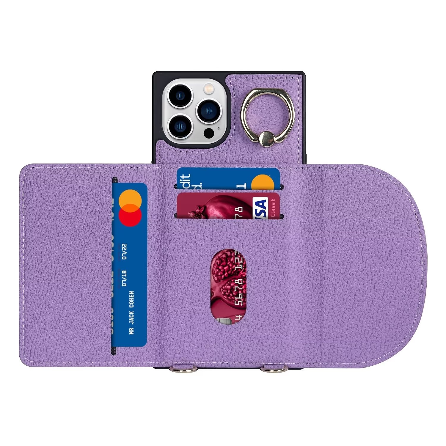 JVS Products iPhone 12 hoesje - Backcover - Pasjeshouder - Portemonnee - Ringhouder - Koord - Kunstleer - Paars