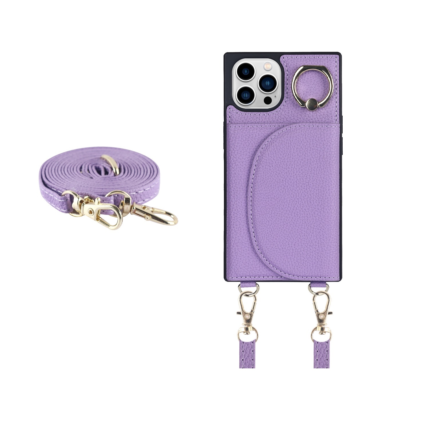 JVS Products iPhone 12 hoesje - Backcover - Pasjeshouder - Portemonnee - Ringhouder - Koord - Kunstleer - Paars