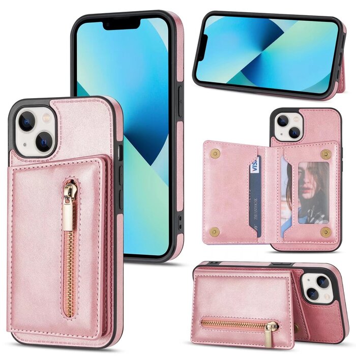 JVS Products iPhone 7 hoesje - Backcover - Pasjeshouder - Portemonnee - Rits - Kunstleer - Roze