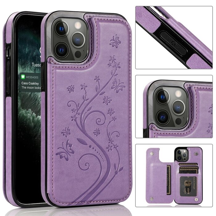 JVS Products Samsung Galaxy S22 Ultra hoesje - Backcover - Pasjeshouder - Portemonnee - Bloemenprint - Kunstleer - Paars