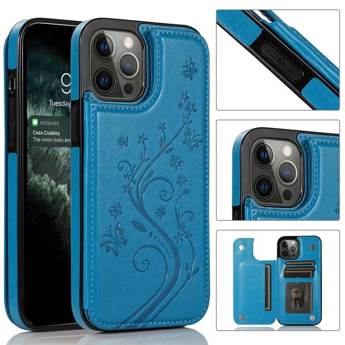 JVS Products iPhone 12 Pro hoesje - Backcover - Pasjeshouder - Portemonnee - Bloemenprint - Kunstleer - Blauw