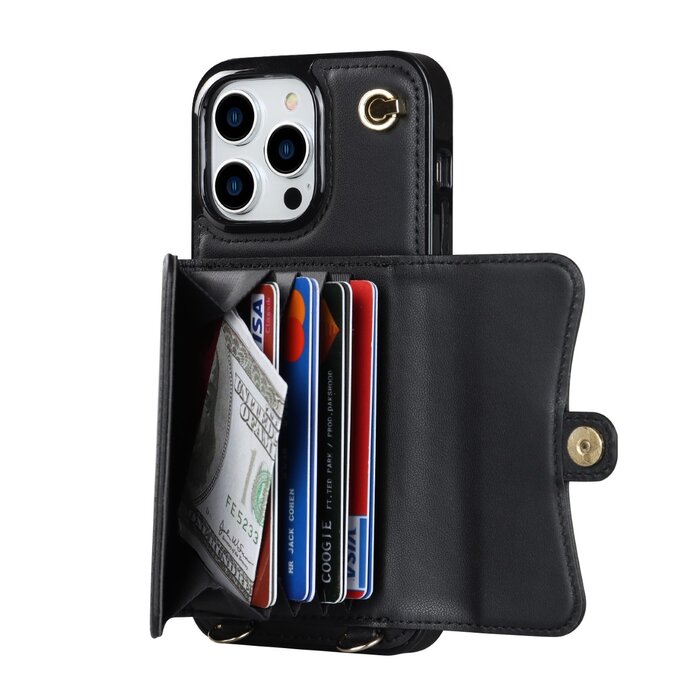 JVS Products iPhone 11 Pro hoesje - Backcover - Koord - Pasjeshouder - Portemonnee - Kunstleer - Zwart