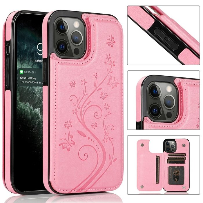 JVS Products Samsung Galaxy S23 Plus hoesje - Backcover - Pasjeshouder - Portemonnee - Bloemenprint - Kunstleer - Roze