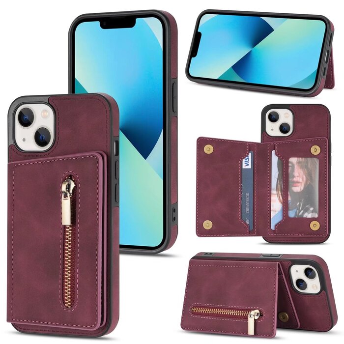 JVS Products iPhone 13 hoesje - Backcover - Pasjeshouder - Portemonnee - Rits - Kunstleer - Bordeaux Rood