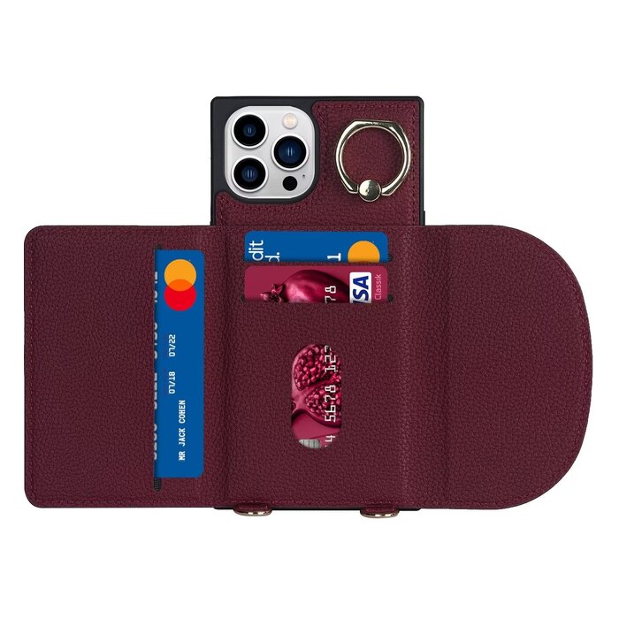 JVS Products iPhone 14 Pro hoesje - Backcover - Pasjeshouder - Portemonnee - Ringhouder - Koord - Kunstleer - Bordeaux Rood