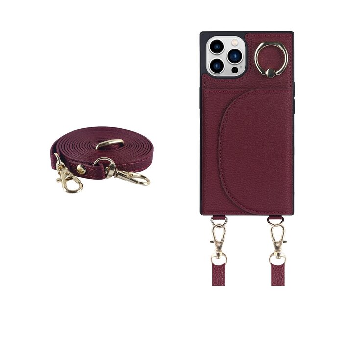 JVS Products iPhone 14 Pro hoesje - Backcover - Pasjeshouder - Portemonnee - Ringhouder - Koord - Kunstleer - Bordeaux Rood