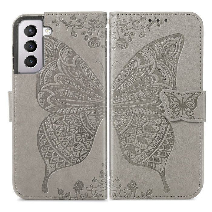 JVS Products iPhone 11 hoesje - Bookcase - Pasjeshouder - Portemonnee - Vlinderpatroon - Kunstleer - Grijs