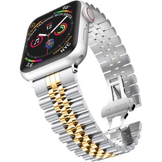 JVS Products Bandje geschikt voor Apple Watch 42/44MM - Maat One Size - Vouw Sluiting - Horlogebandje - Polsband - Metaal - Zilver/Goud