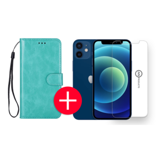 JVS Products iPhone 12 Mini Hoesje - Kunstleer - Portemonnee - Book Case - Wallet - Apple iPhone 12 Mini - Turquoise + Gratis Screenprotector
