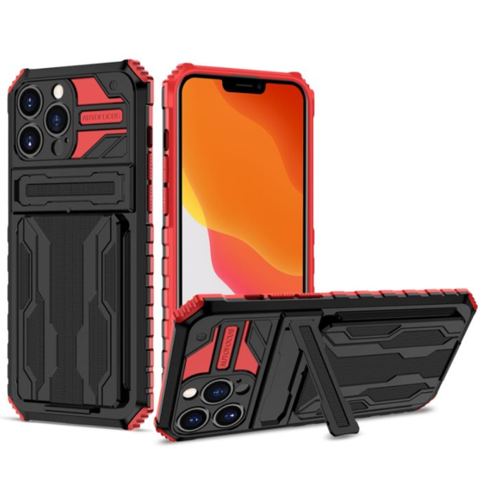 JVS Products iPhone 13 Pro hoesje - Backcover - Rugged Armor - Kickstand - Extra valbescherming - TPU - Zwart/Rood