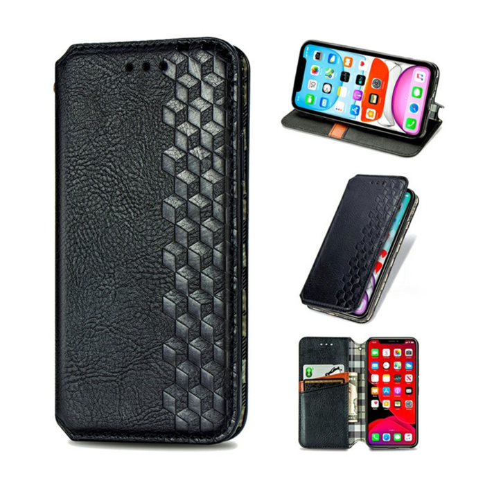 JVS Products iPhone 12 Mini hoesje - Bookcase - Pasjeshouder - Portemonnee - Diamantpatroon - Kunstleer - Zwart